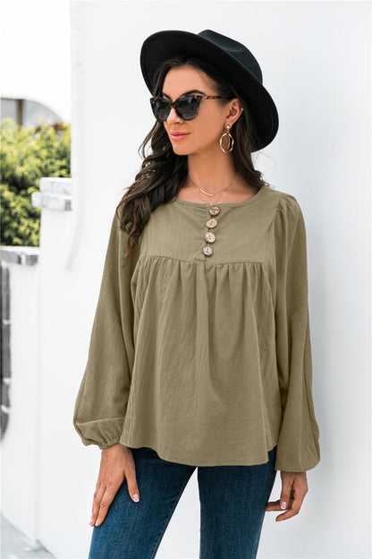 Button Up Balloon Sleeve Blouse