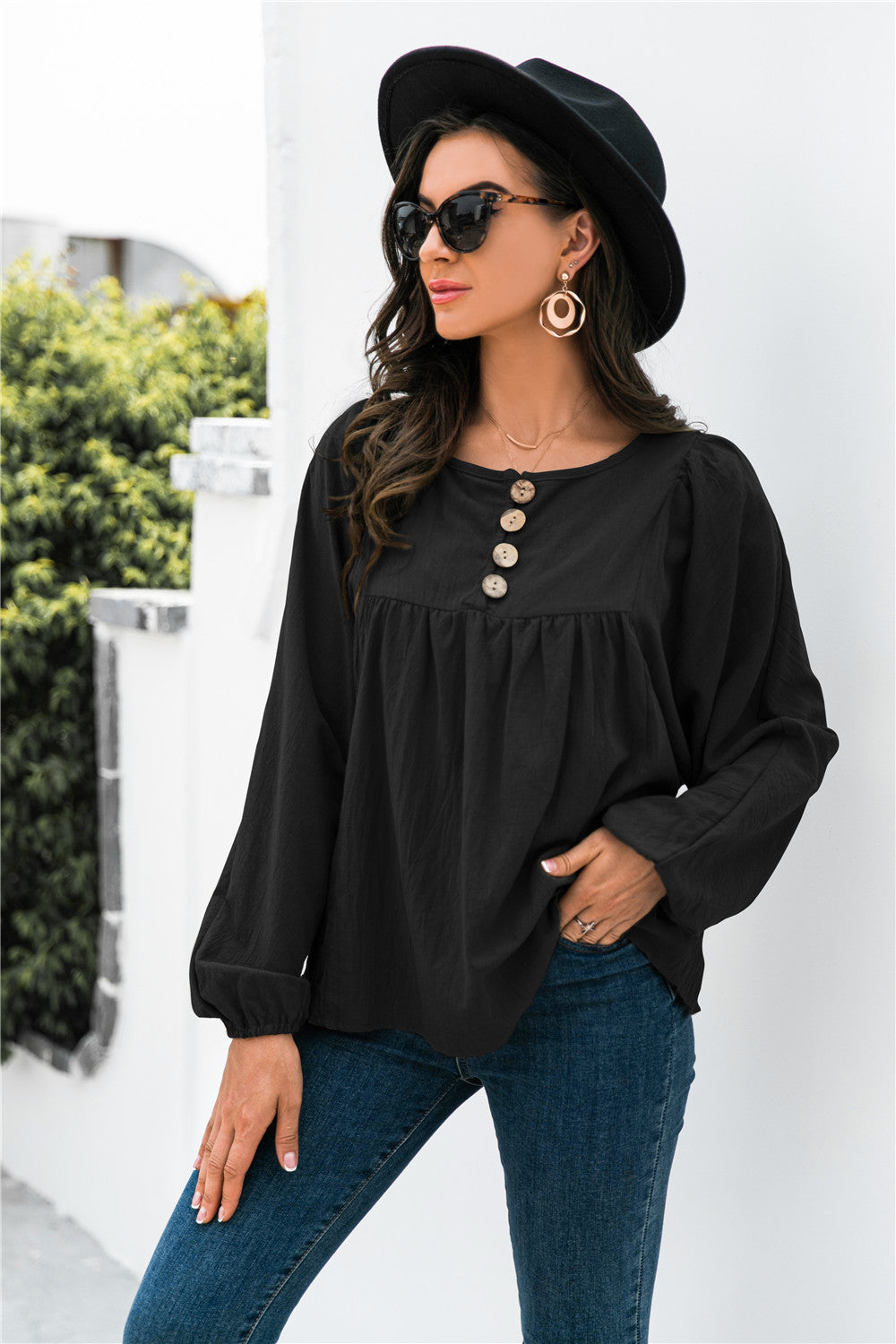 Button Up Balloon Sleeve Blouse