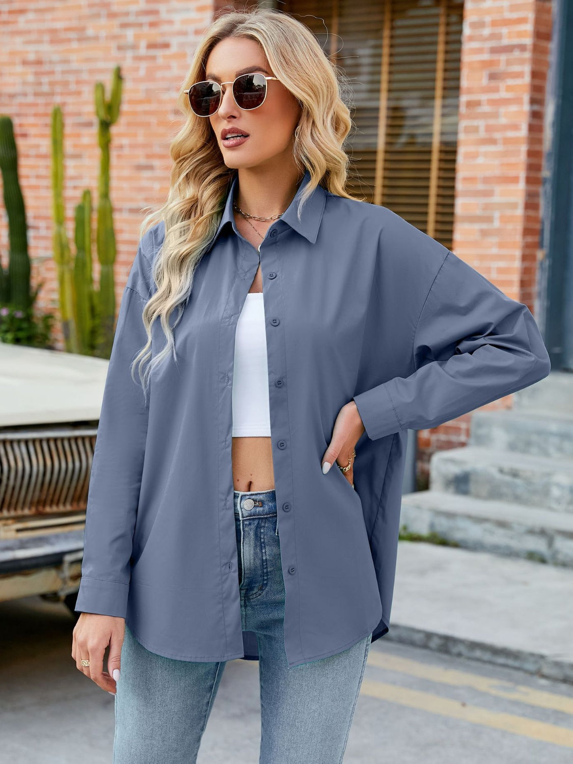 Button Up Collared Neck Long Sleeve Shirt