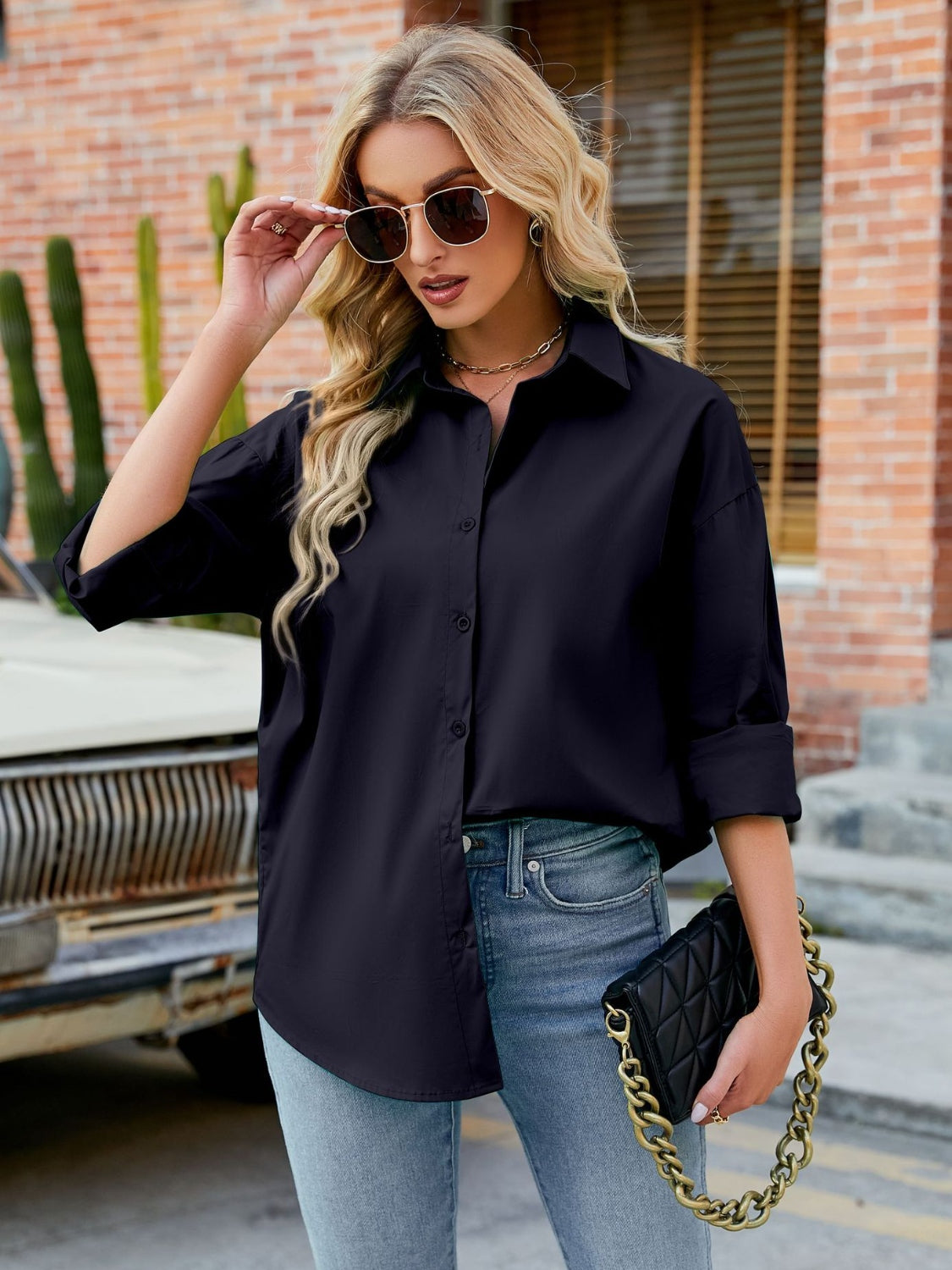 Button Up Collared Neck Long Sleeve Shirt