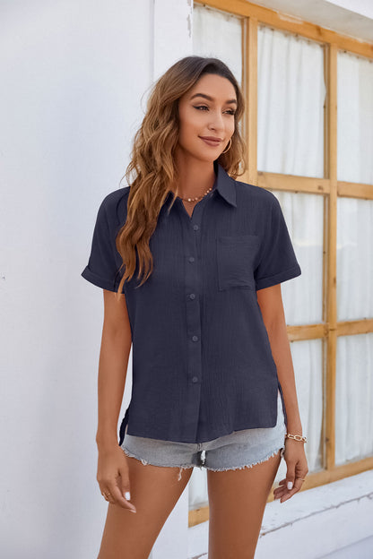 Button Up Collared Neck Short Sleeve Shirt