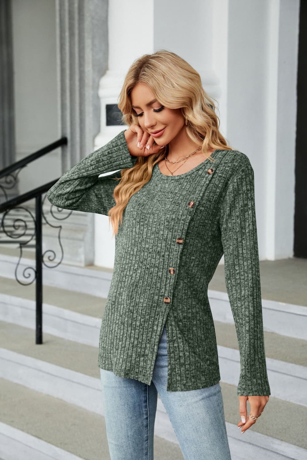 Buttoned Long Sleeve Slit Top