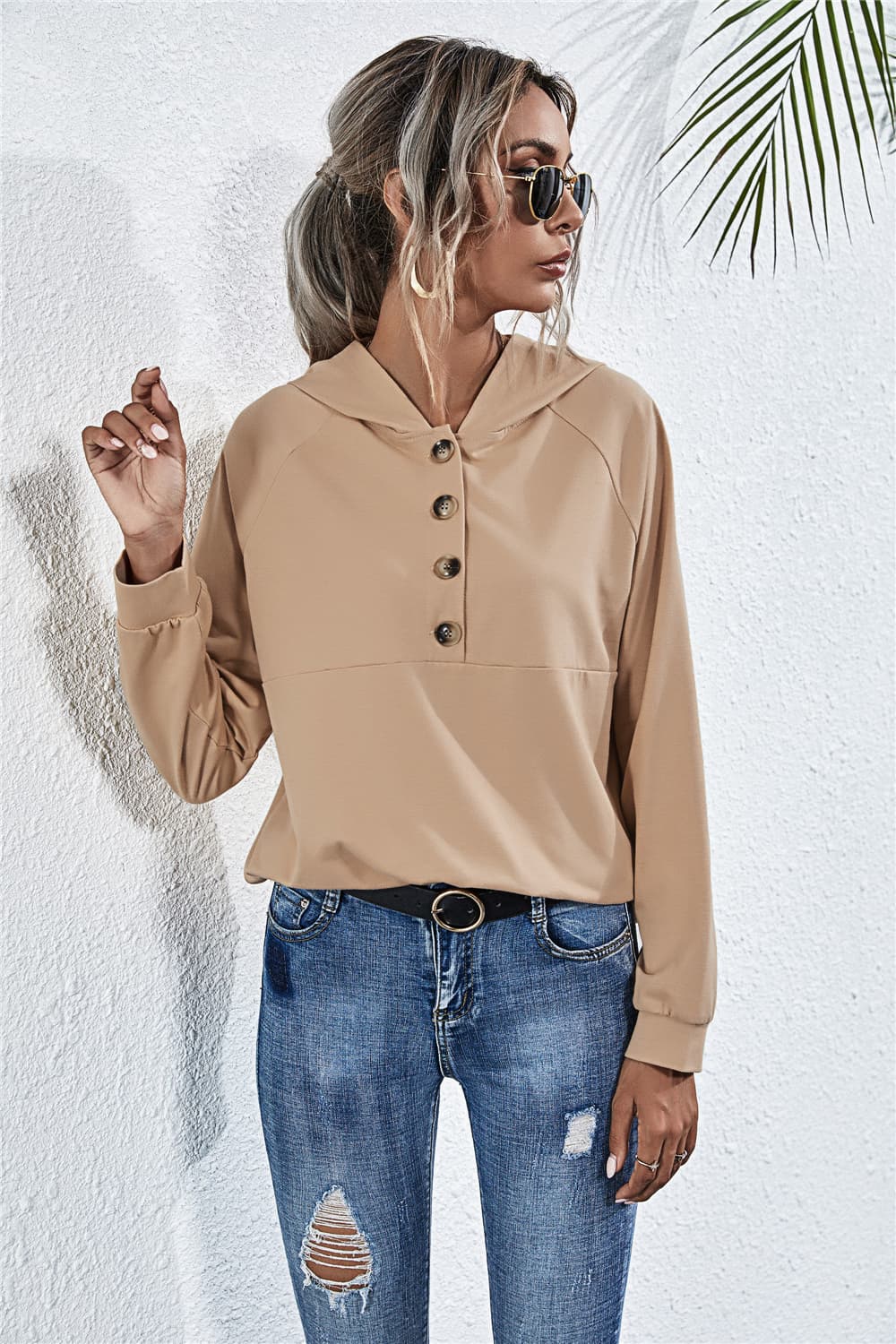 Buttoned Raglan Sleeve Hooded Blouse