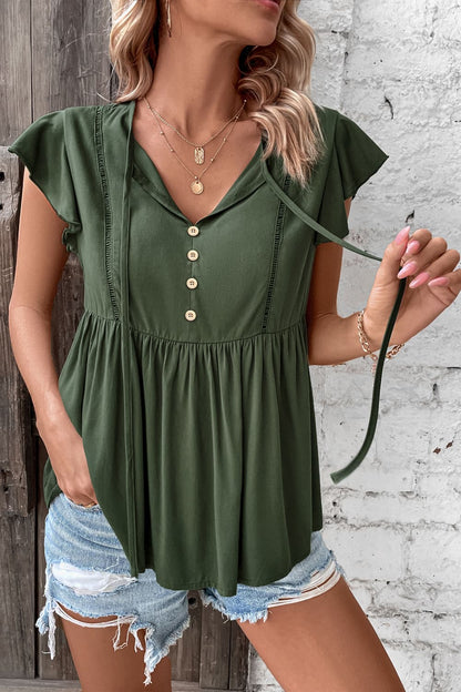 Buttoned Tie Neck Flutter Sleeve Babydoll Top