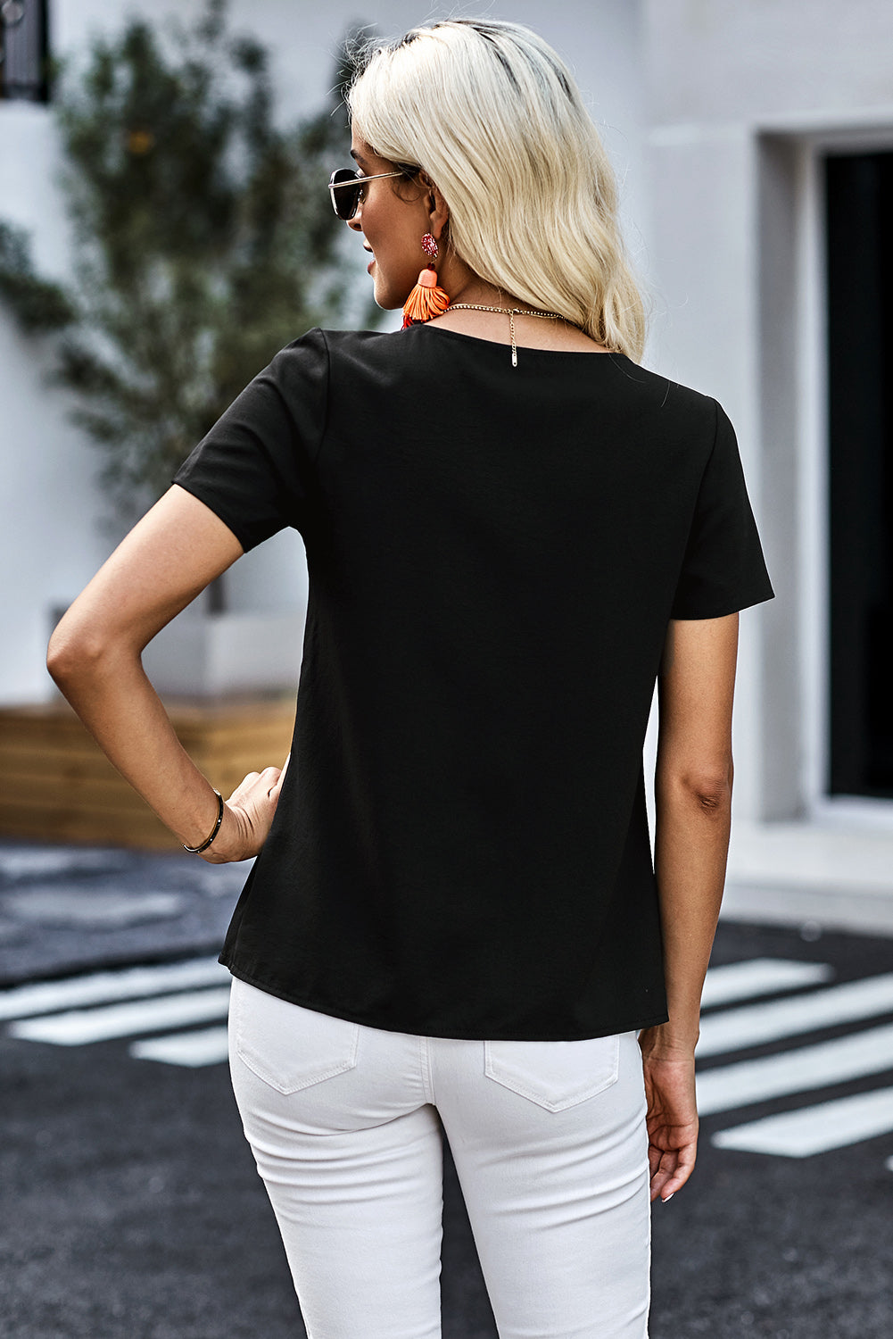 Buttoned V-Neck Short Sleeve Top