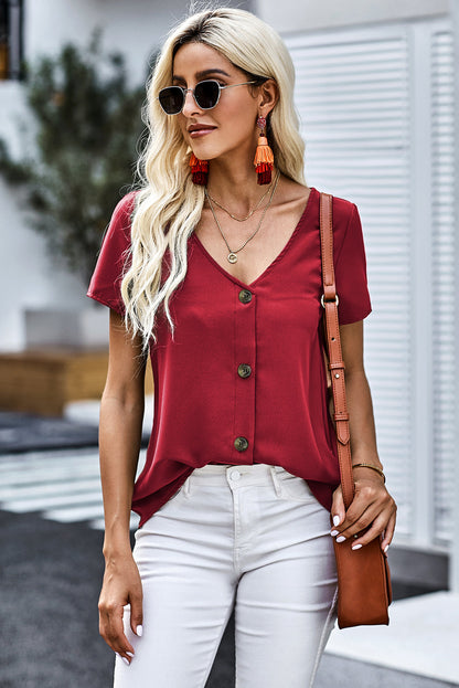 Buttoned V-Neck Short Sleeve Top