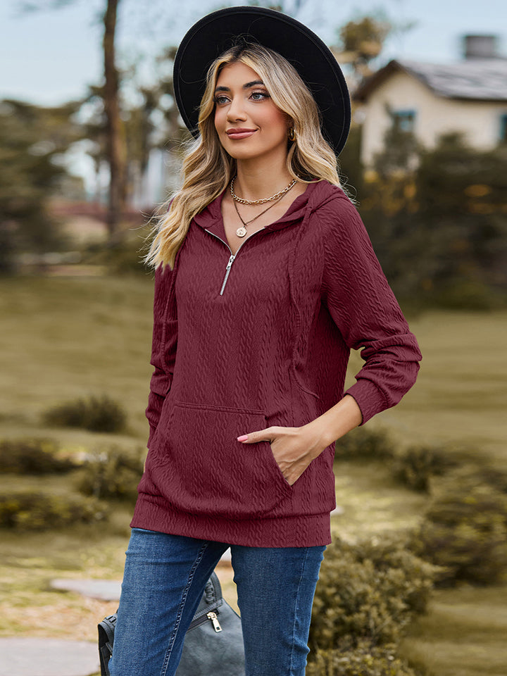 Cable-Knit Zip-Up Hooded Blouse