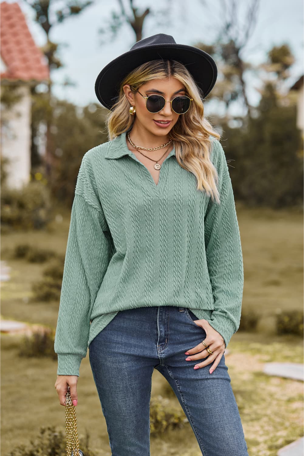 Collared Neck Cable-Knit Long Sleeve Blouse