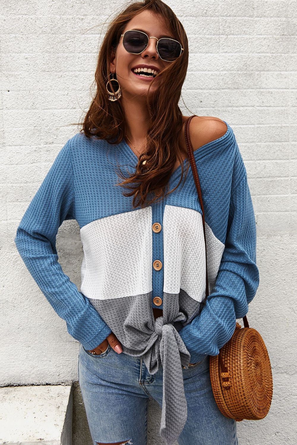 Color Block Waffle Knit V-Neck Top