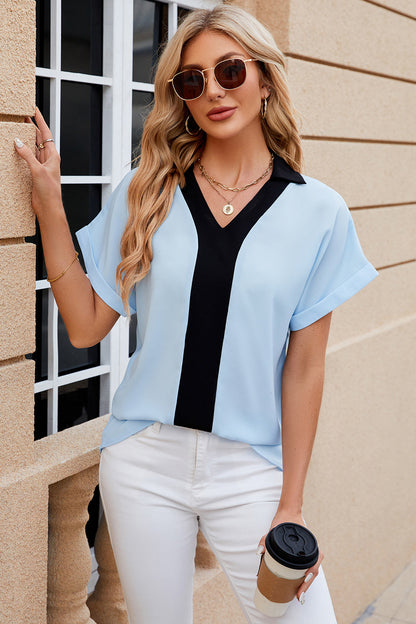 Contrast Johnny Collar Short Sleeve Blouse