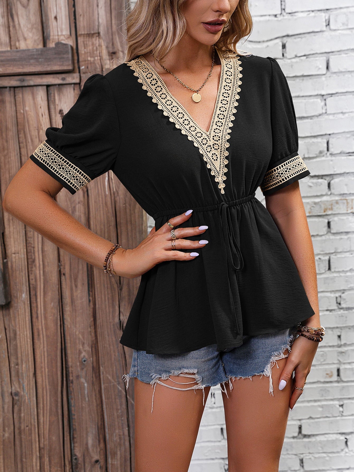 Contrast V-Neck Babydoll Top