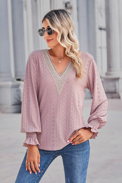 Contrast V-Neck Flounce Sleeve Top