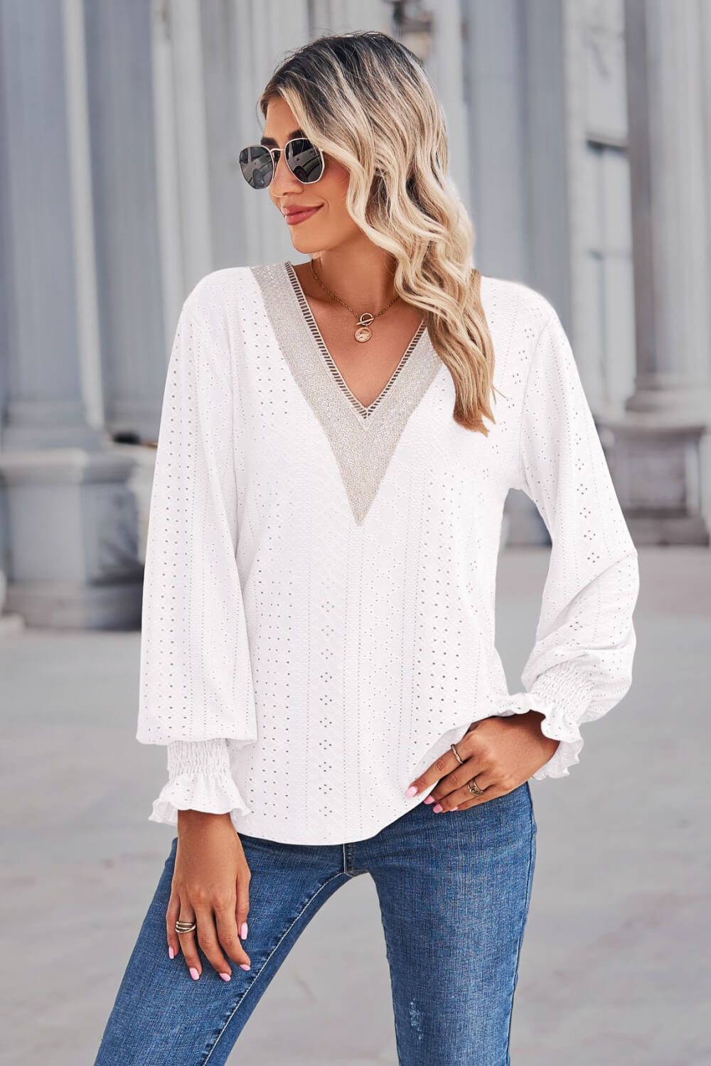 Contrast V-Neck Flounce Sleeve Top