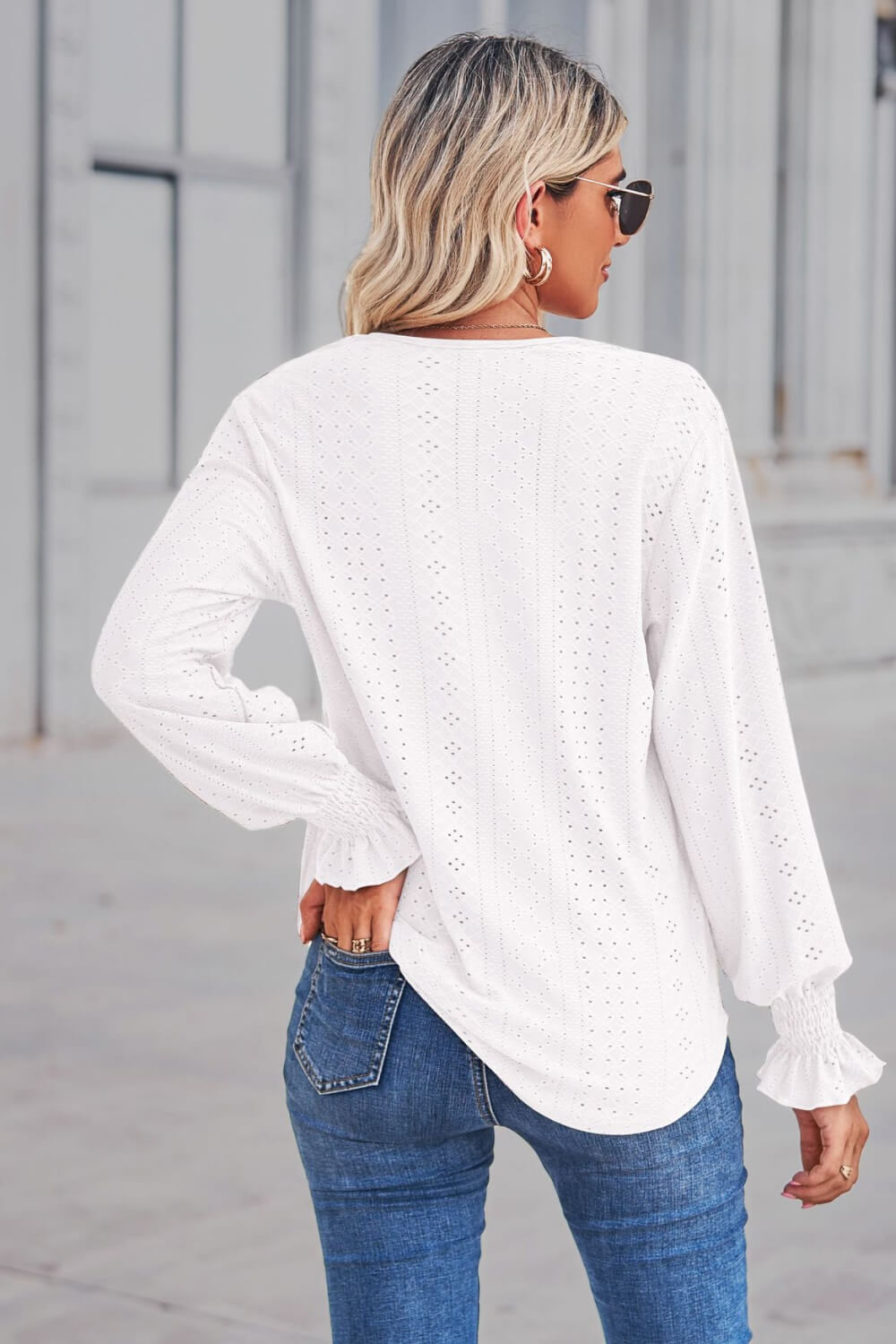 Contrast V-Neck Flounce Sleeve Top