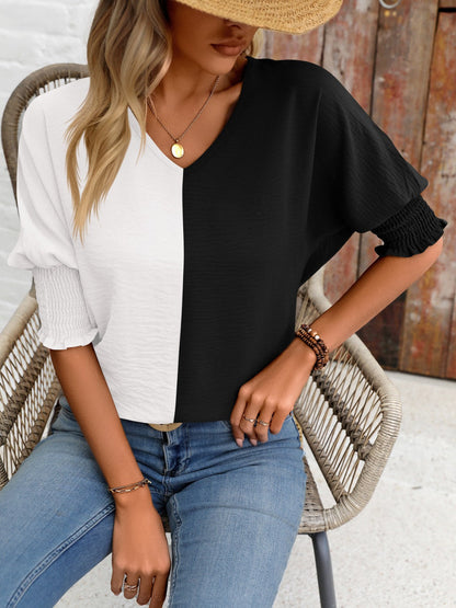 Contrast V-Neck Lantern Sleeve Blouse