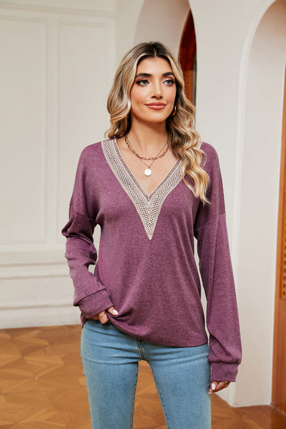 Contrast V-Neck Long Sleeve Blouse