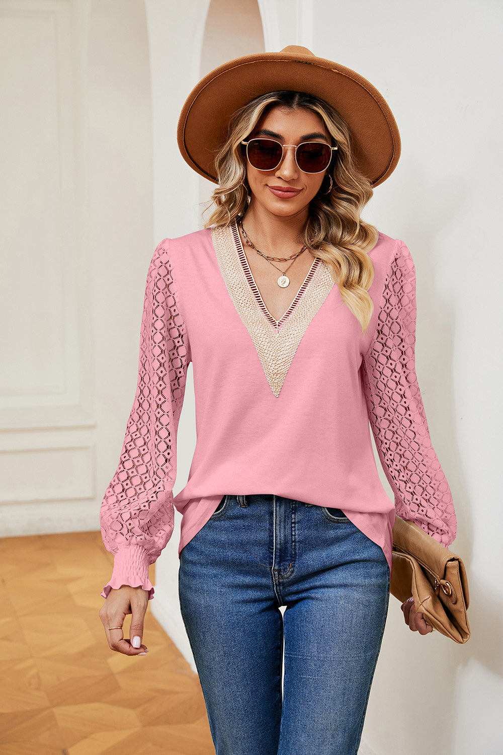 Contrast V-Neck Long Sleeve Blouse