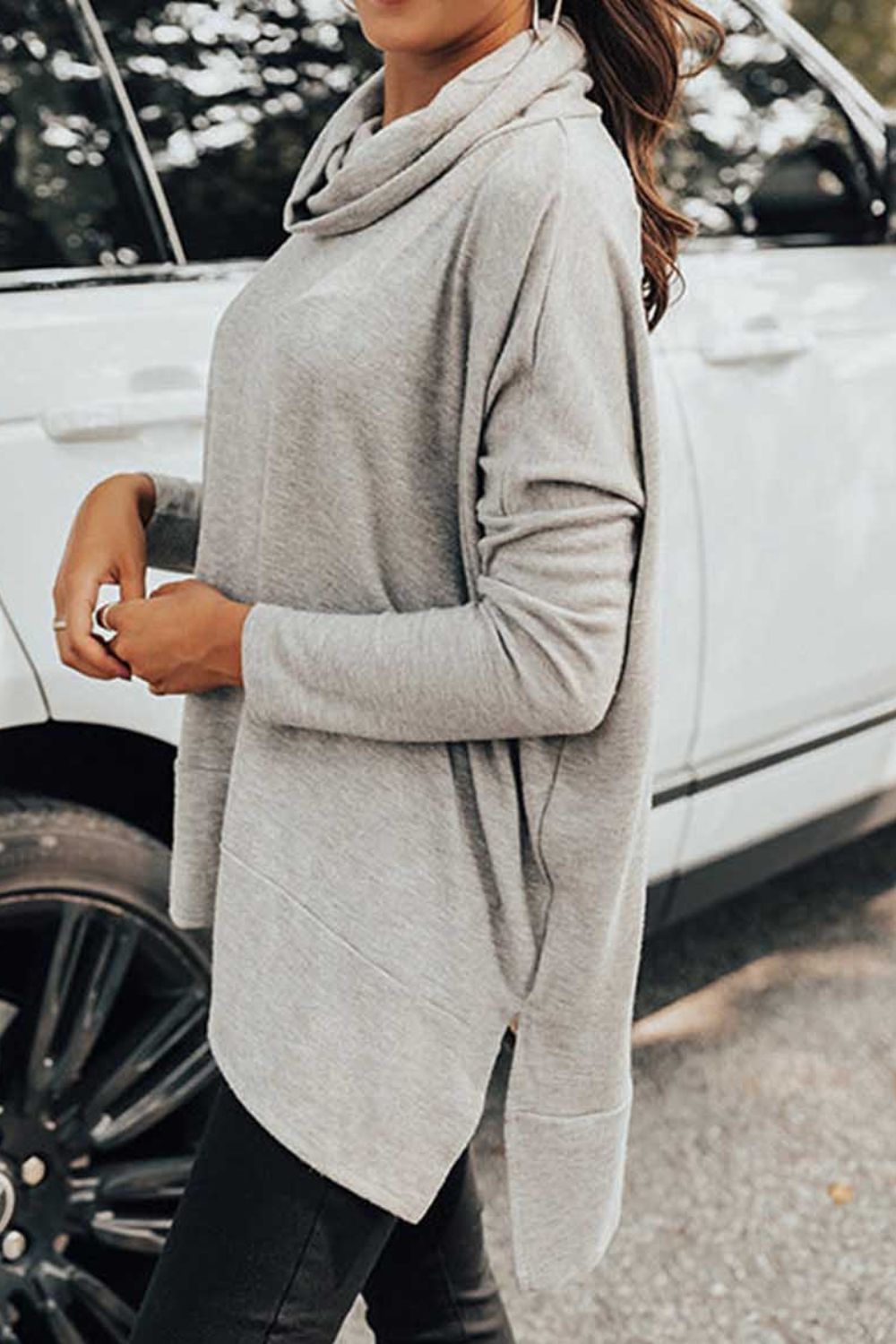 Cowl Neck Long Sleeve Slit Blouse