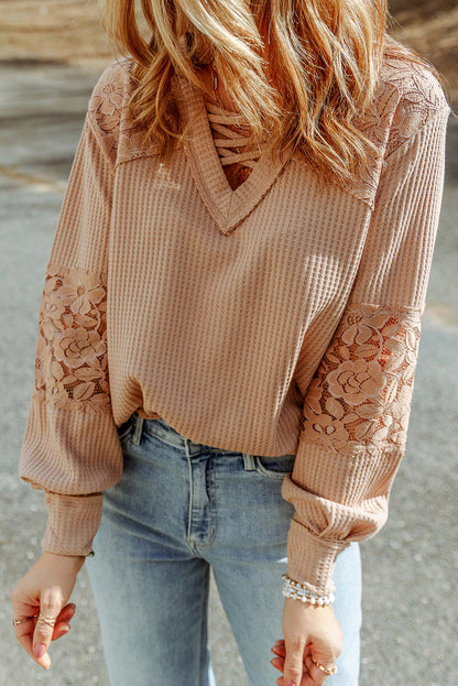 Crisscross V-Neck Waffle-Knit Top