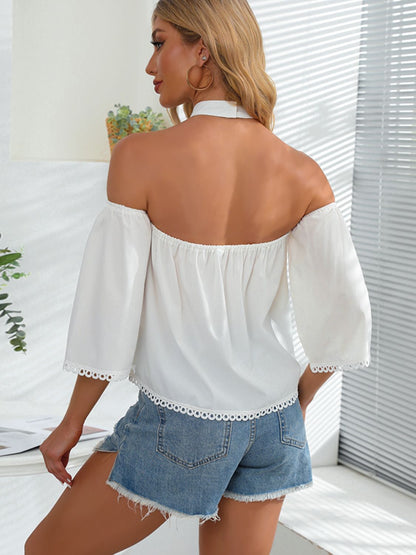 Crochet Halter Neck Cold-Shoulder Blouse