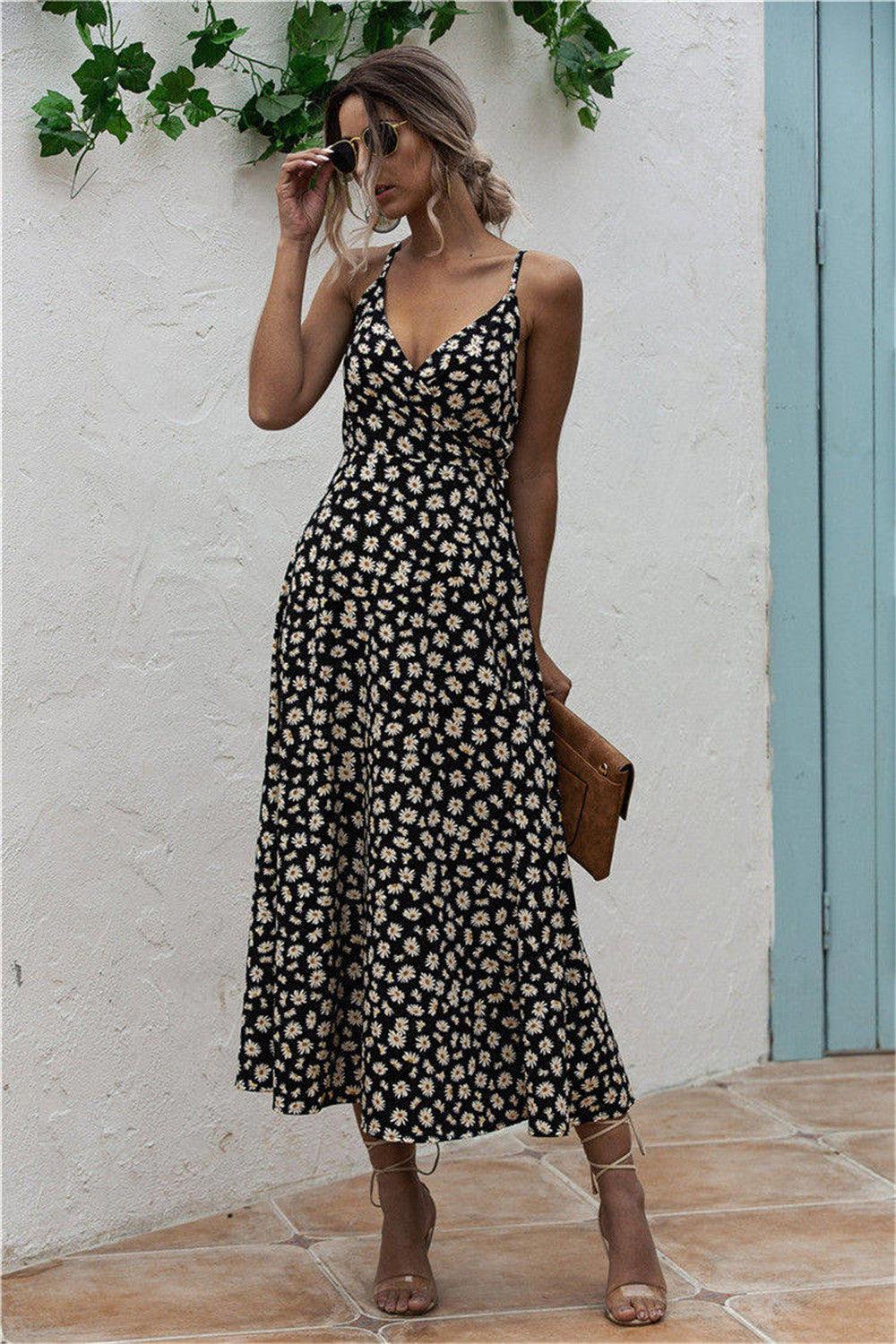 Daisy Print Surplice Midi Cami Dress