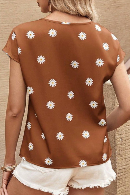 Daisy Printed Round Neck Short Sleeve Blouse