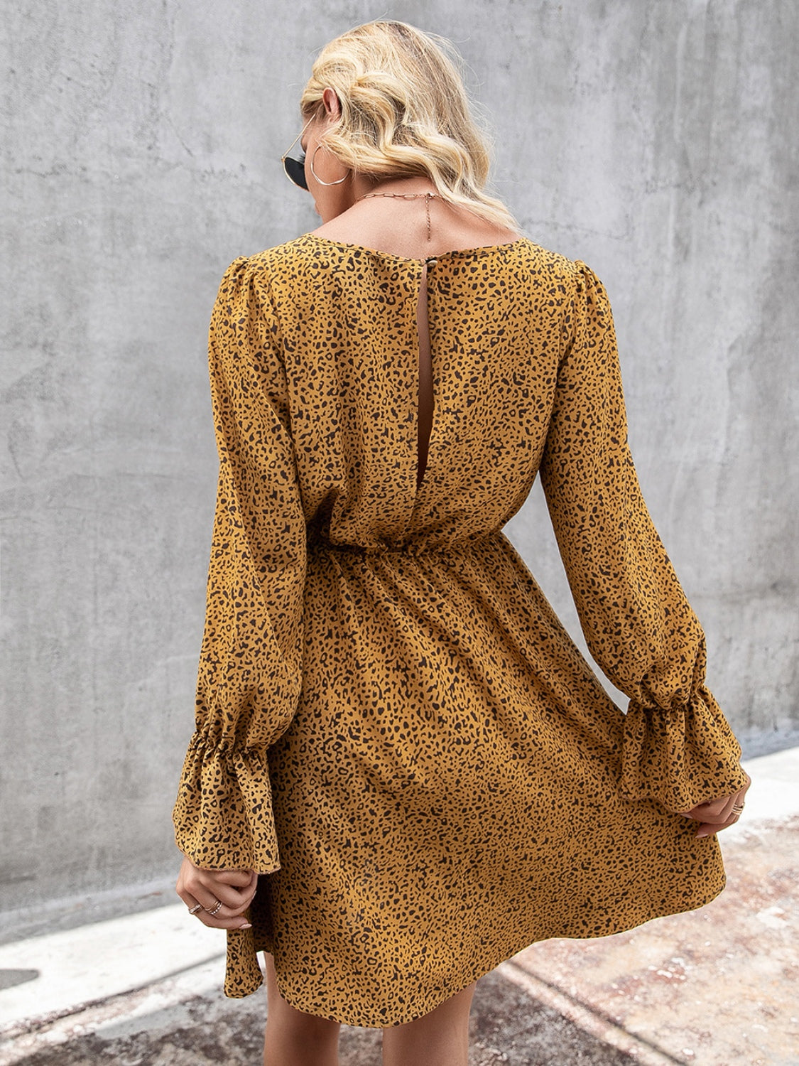 Decorative Button V-Neck Flounce Sleeve Dress