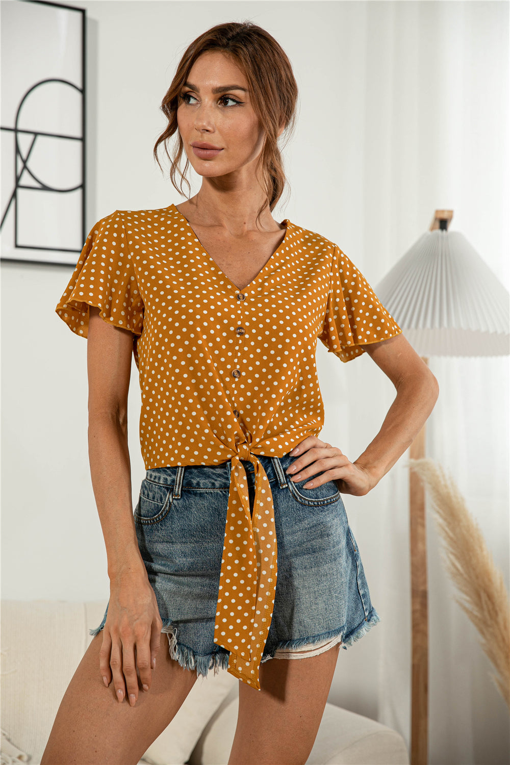 Decorative Button V-Neck Tied Blouse