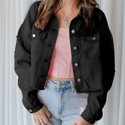 Distressed Raw Hem Dropped Shoulder Denim Jacket