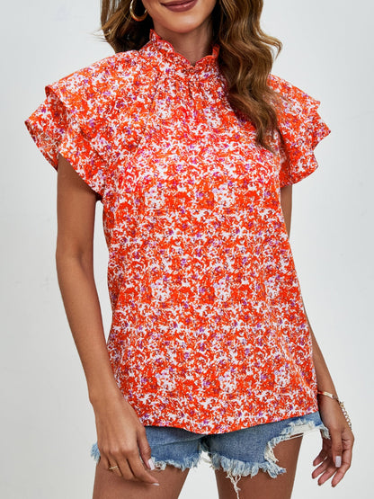 Ditsy Floral Mock Neck Flounce Sleeve Blouse