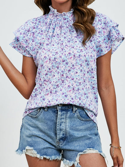 Ditsy Floral Mock Neck Flounce Sleeve Blouse