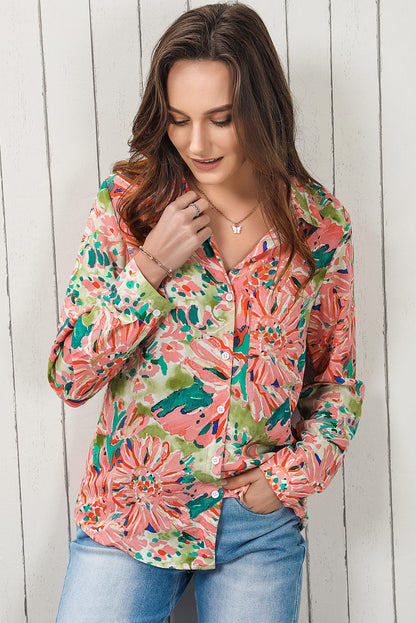 Double Take Floral Long Sleeve Collared Shirt