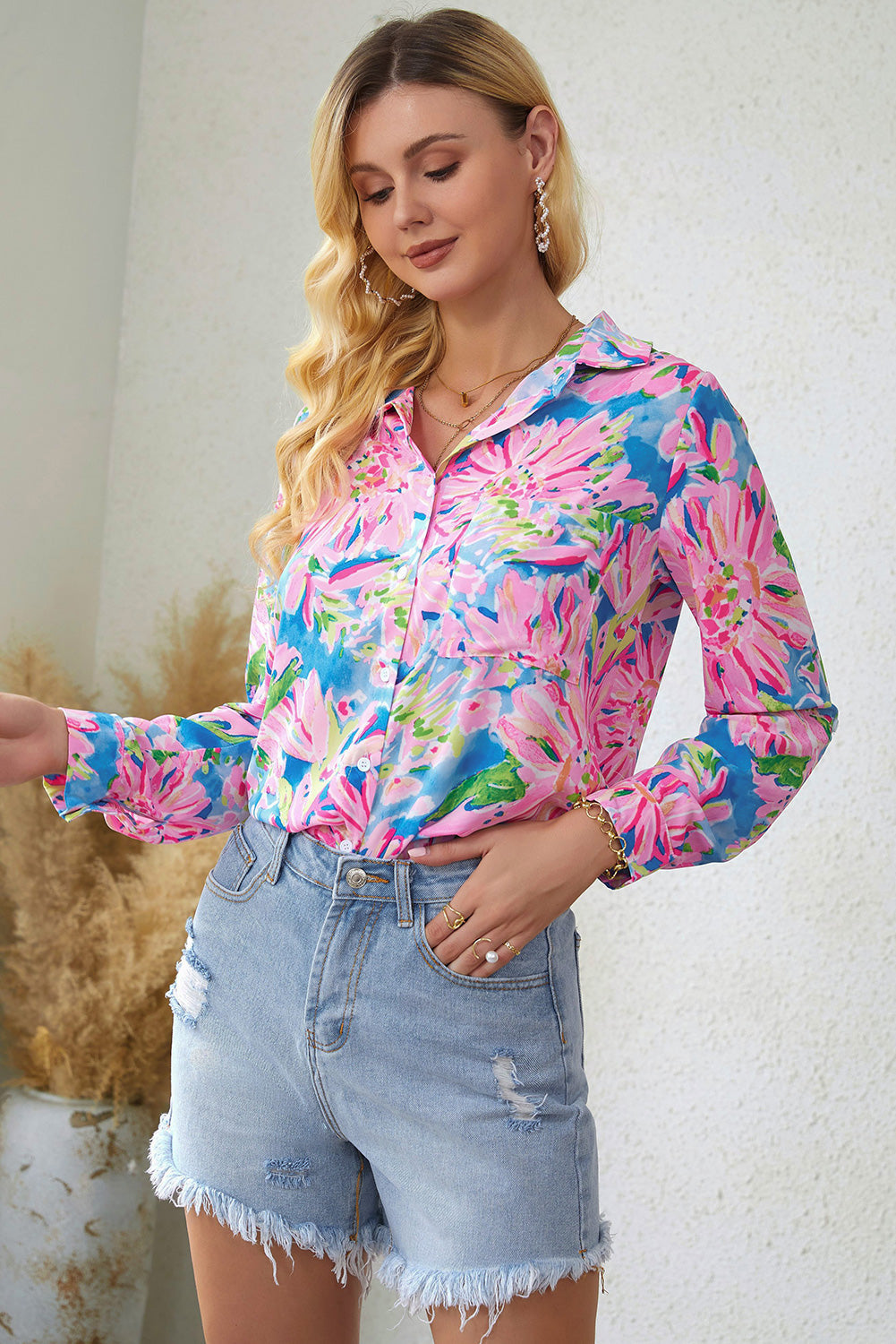 Double Take Floral Long Sleeve Collared Shirt