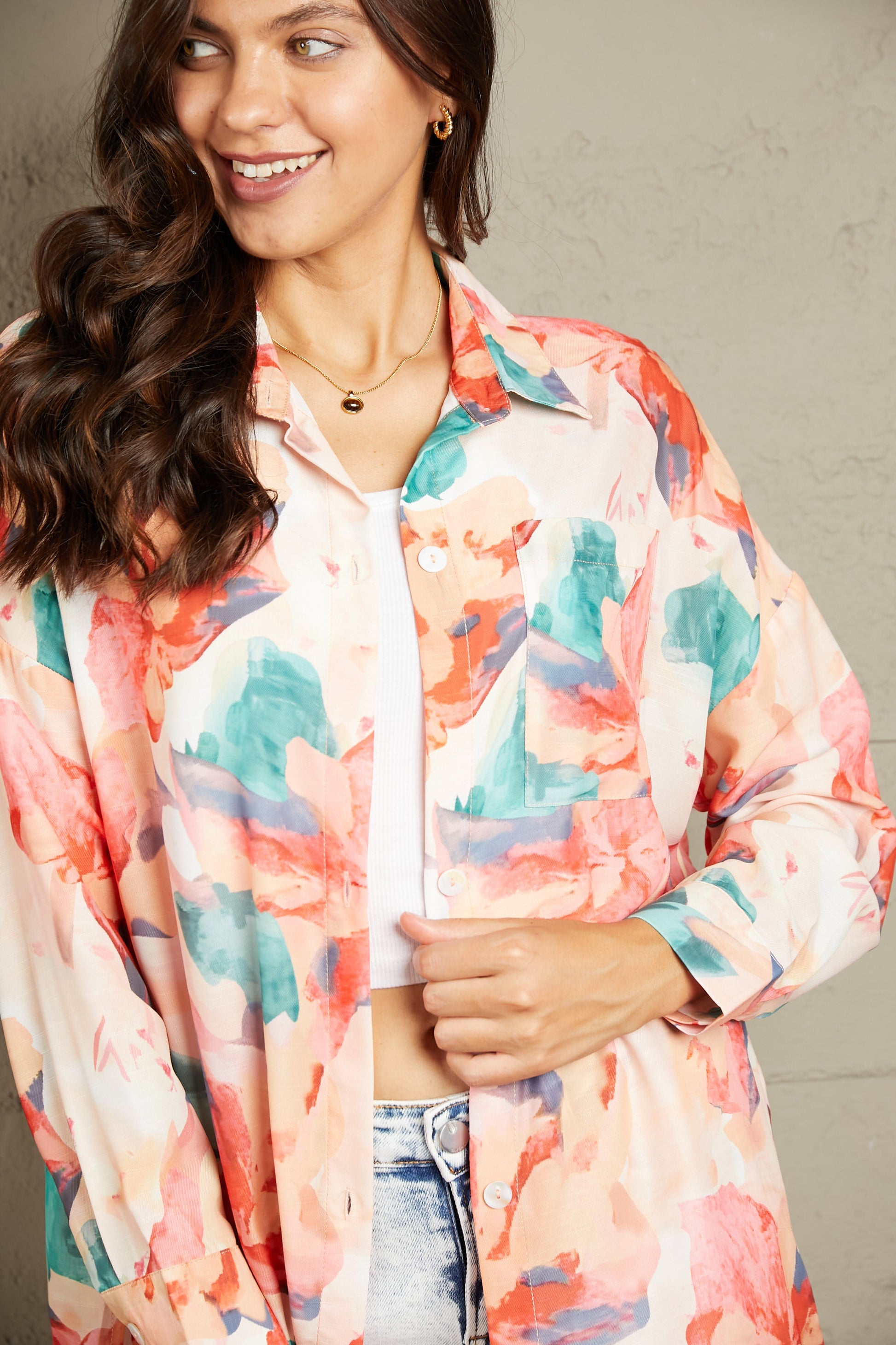 Double Take Floral Long Sleeve Slit Longline Shirt