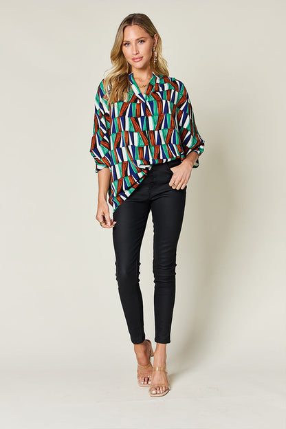 Double Take Full Size Geometric Notched Raglan Sleeve Blouse