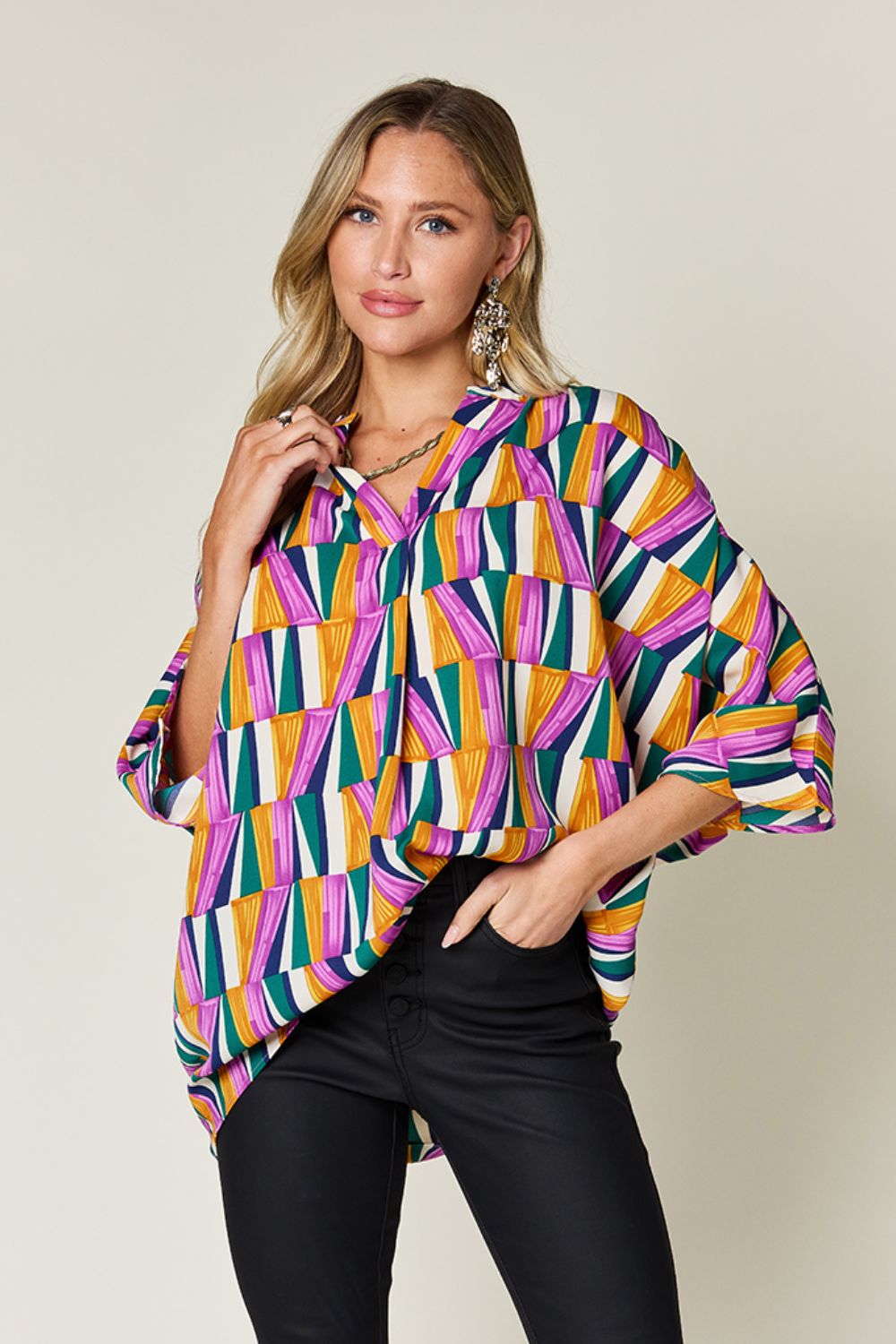 Double Take Full Size Geometric Notched Raglan Sleeve Blouse