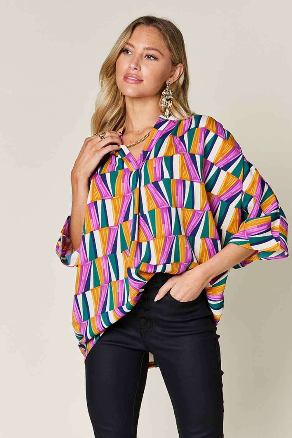 Double Take Full Size Geometric Notched Raglan Sleeve Blouse