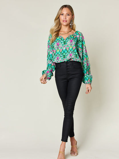 Double Take Full Size Printed Balloon Sleeve Blouse