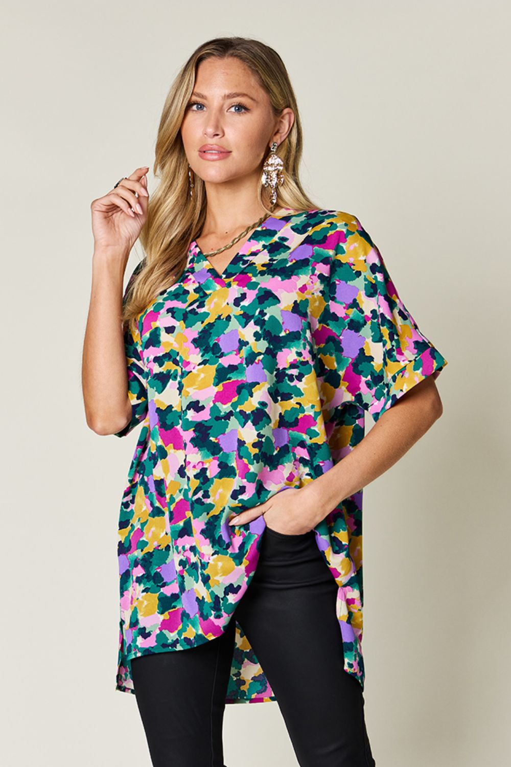 Double Take Full Size Printed V-Neck Short Sleeve Blouse