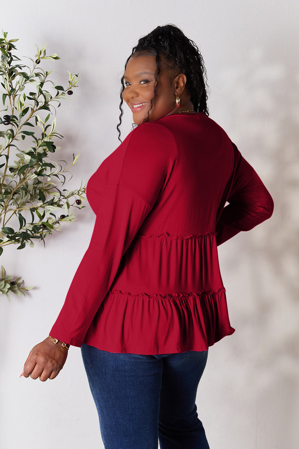 Double Take Half Button Long Sleeve Ruffle Hem Blouse