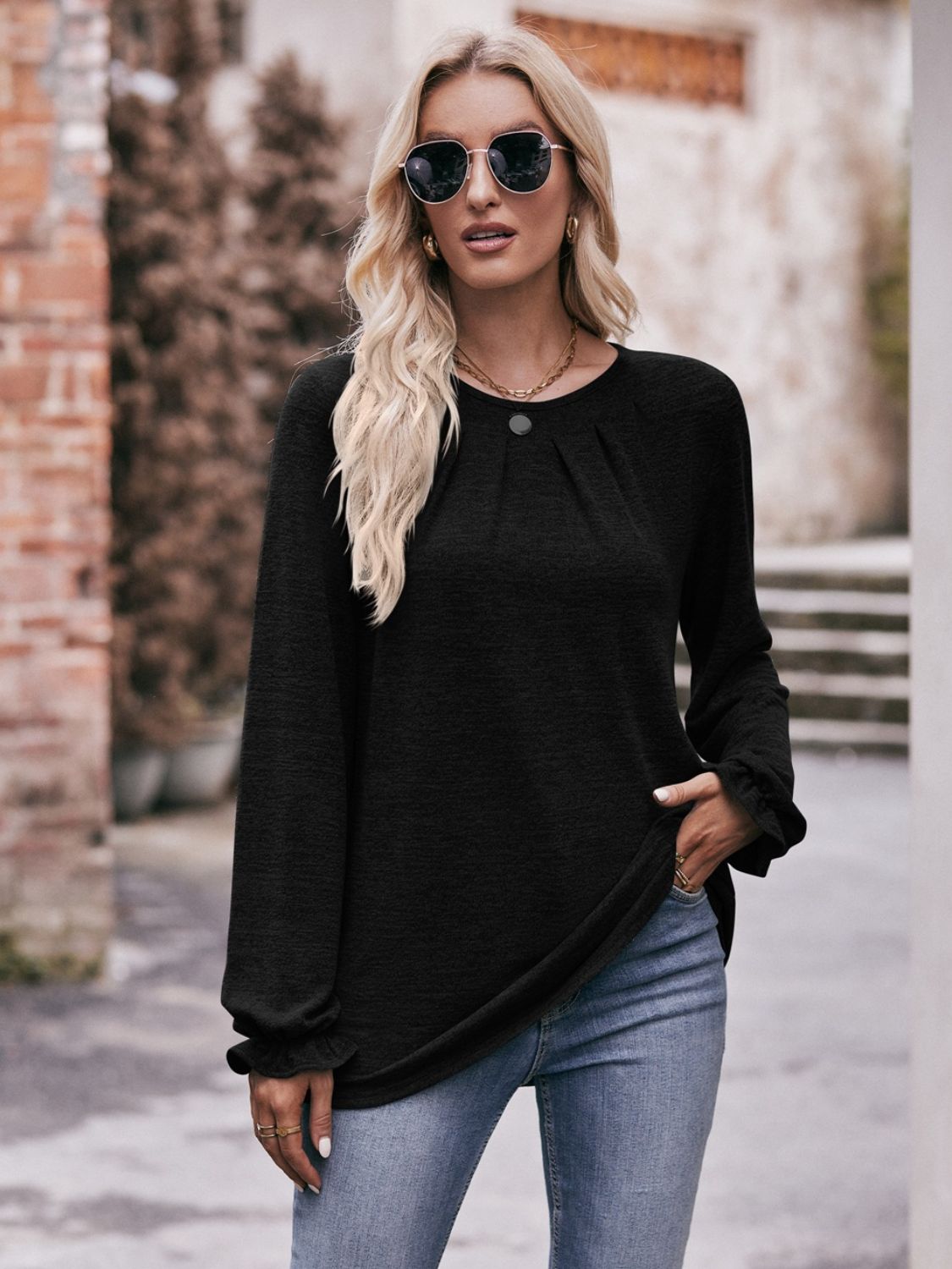 Double Take Long Flounce Sleeve Round Neck Blouse