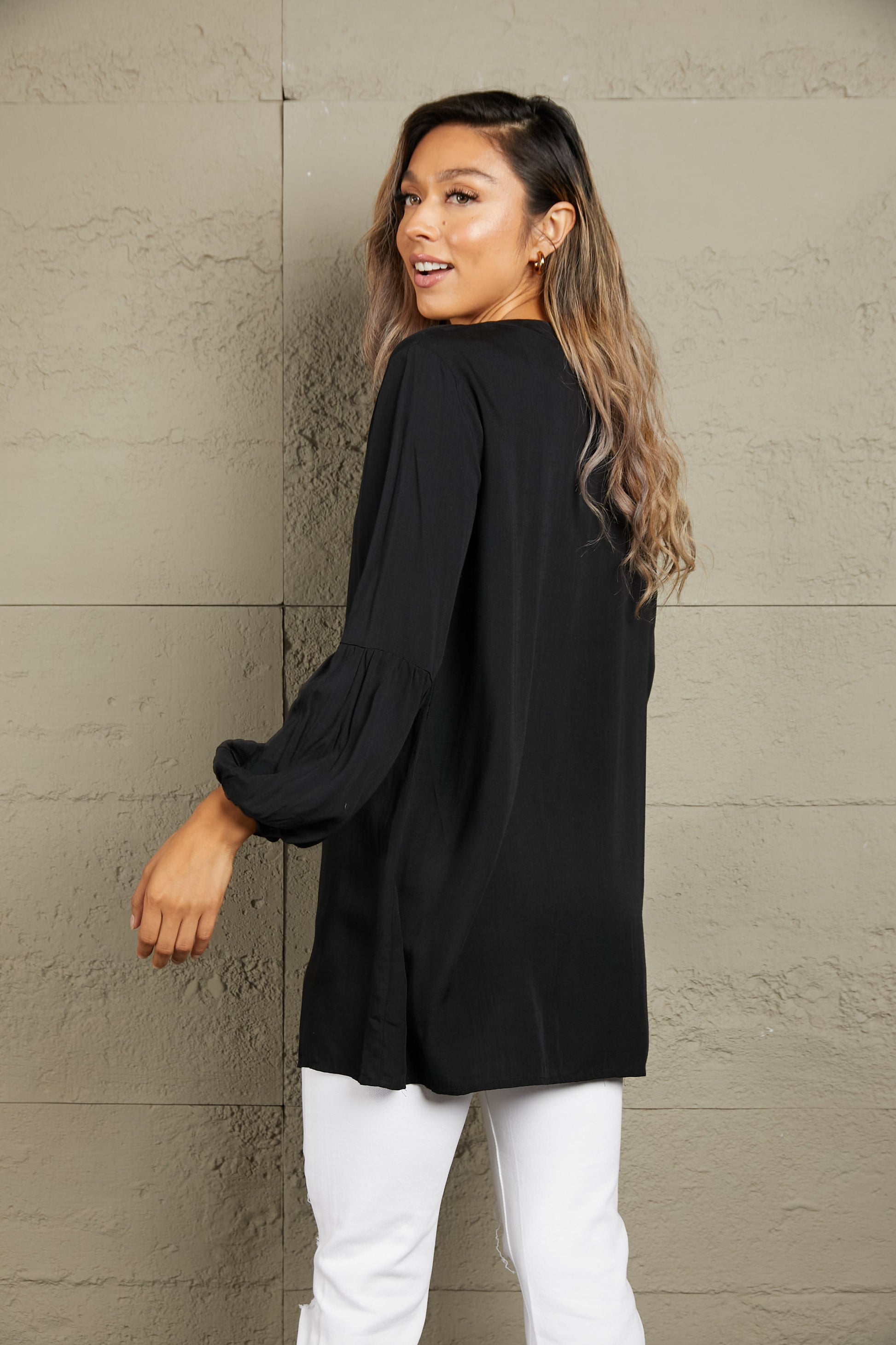 Double Take Notched Neck Balloon Sleeve Shirt