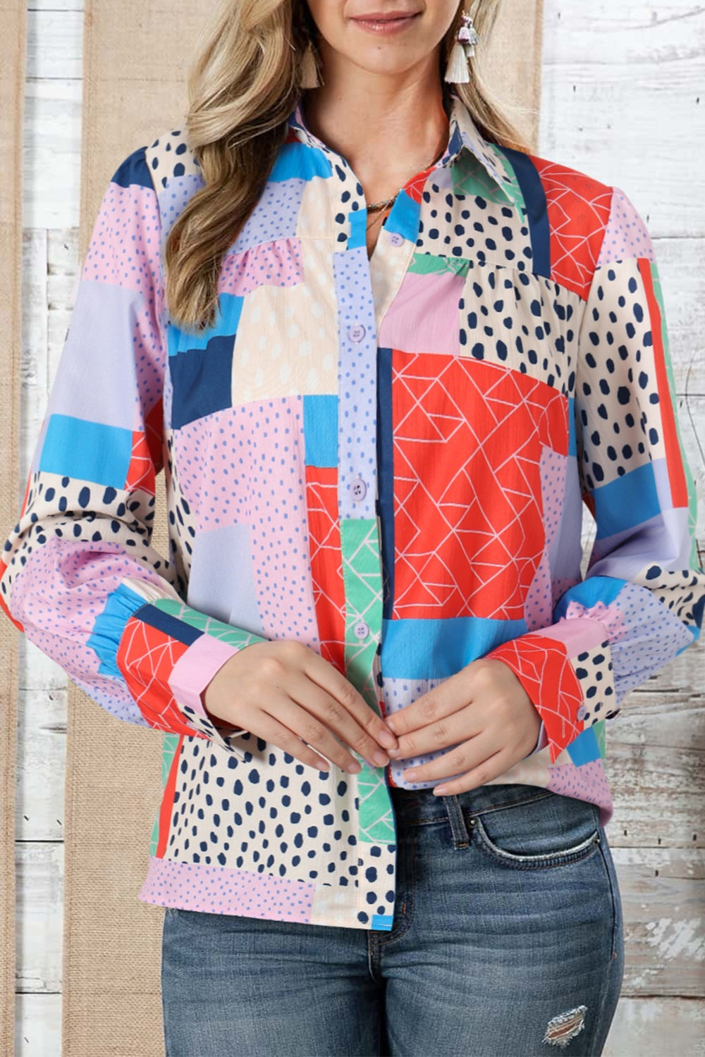 Double Take Patchwork Puff Sleeve Collared Shirt