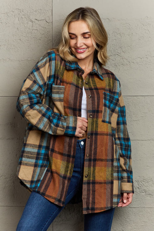 Double Take Plaid Curved Hem Shirt Jacket with Breast Pockets