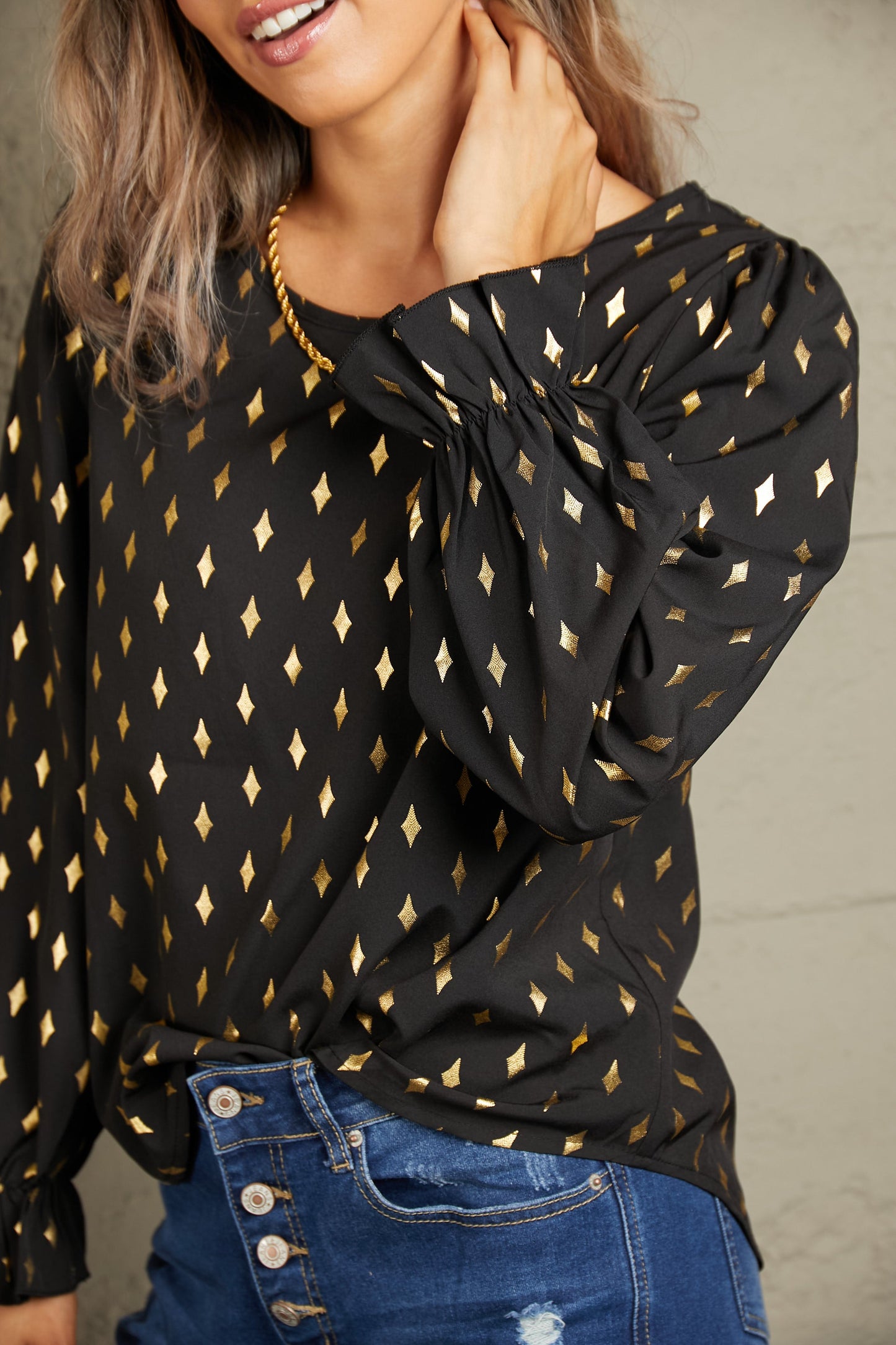 Double Take Printed Round Neck Flounce Sleeve Blouse