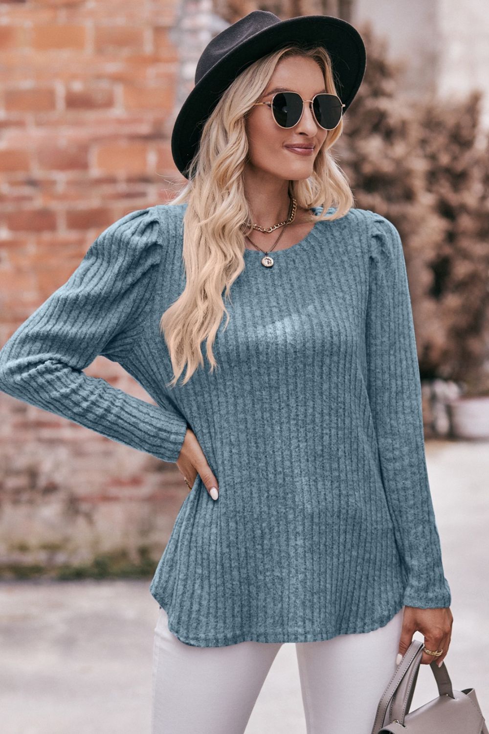 Double Take Round Neck Puff Sleeve Ribbed Top