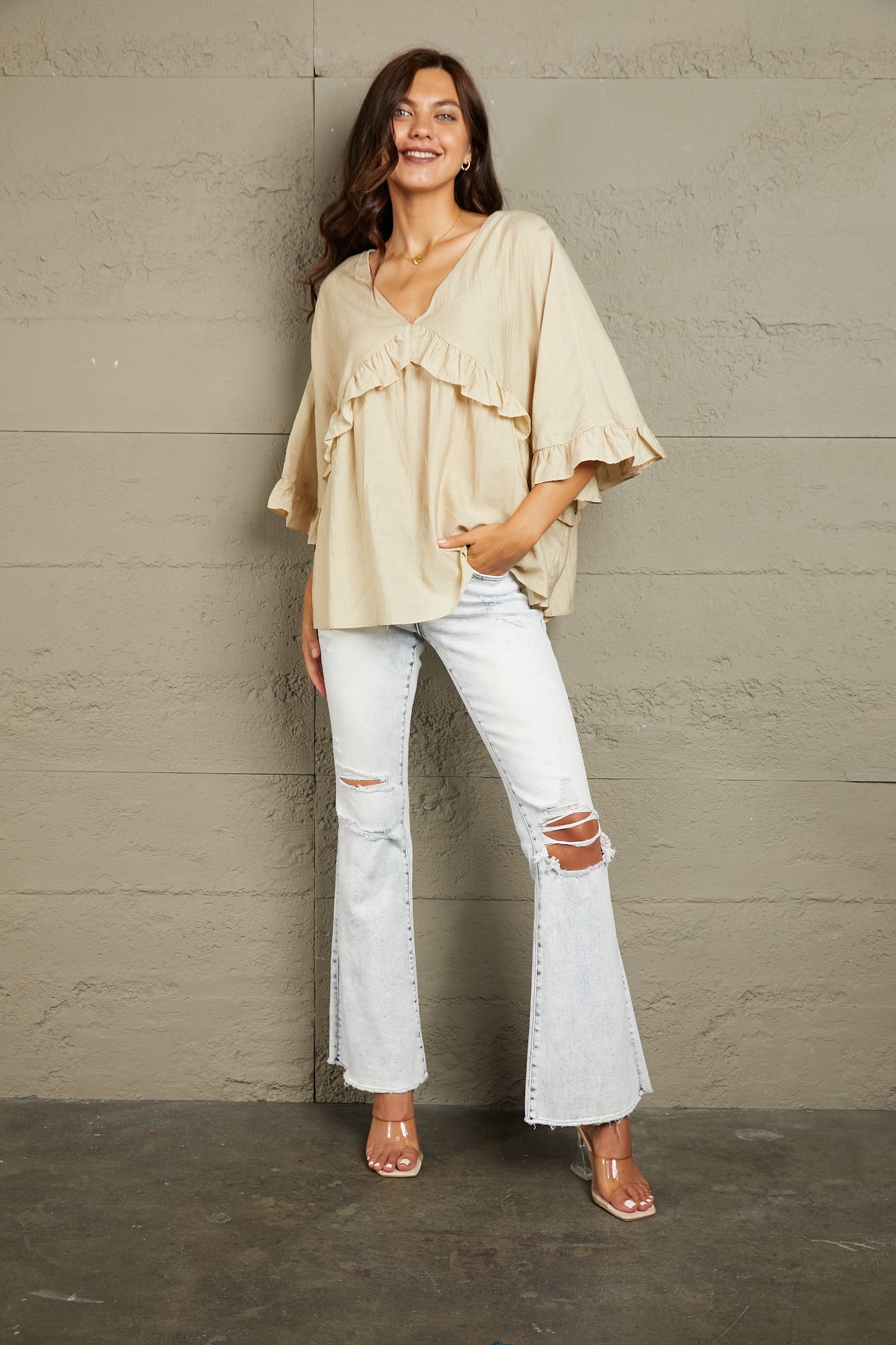 Double Take Ruffled V-Neck Half Sleeve Blouse