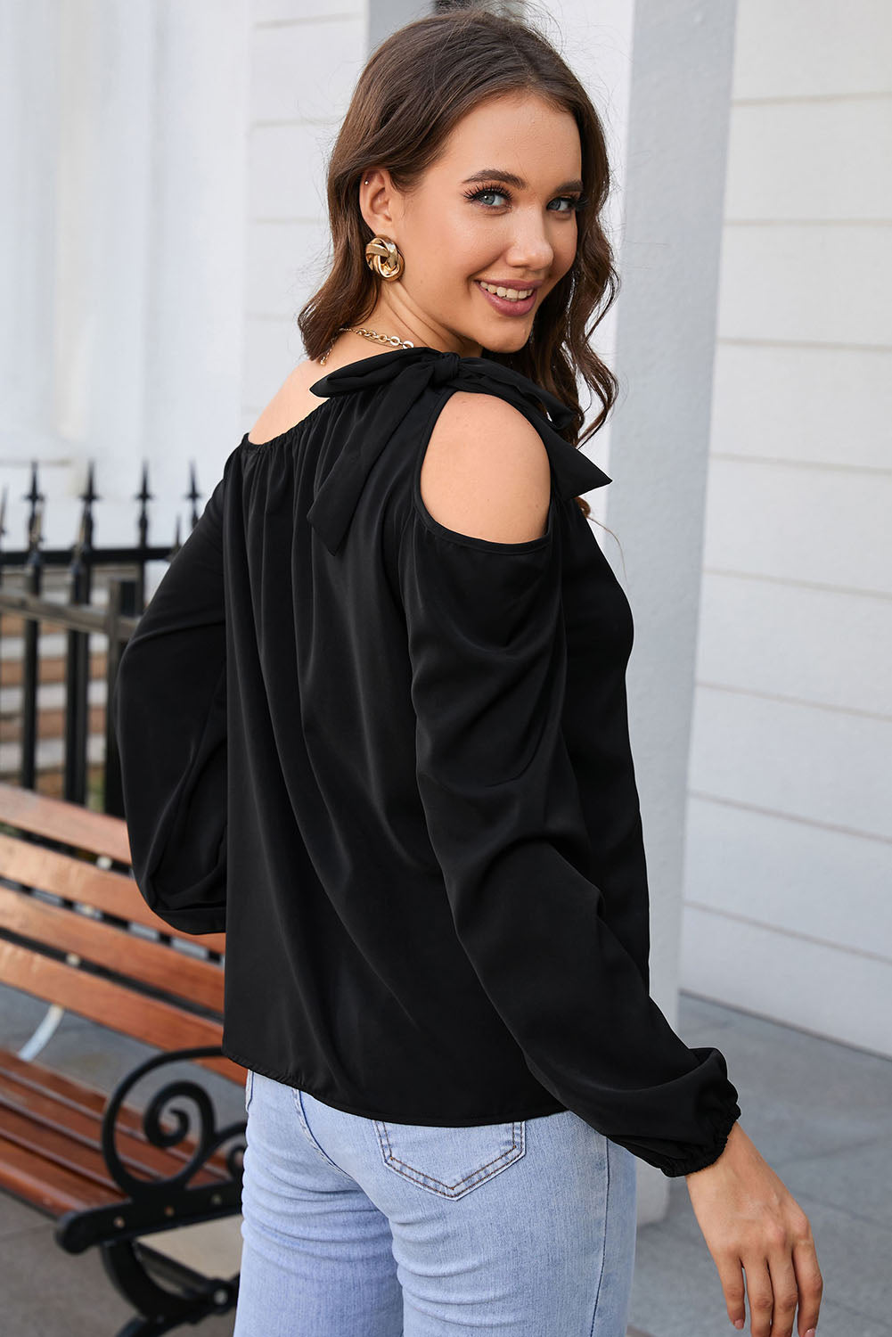 Double Take Tied Asymmetrical Neck Cold-Shoulder Blouse