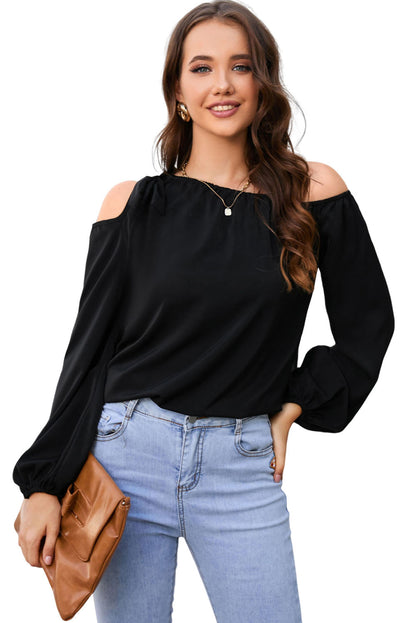 Double Take Tied Asymmetrical Neck Cold-Shoulder Blouse