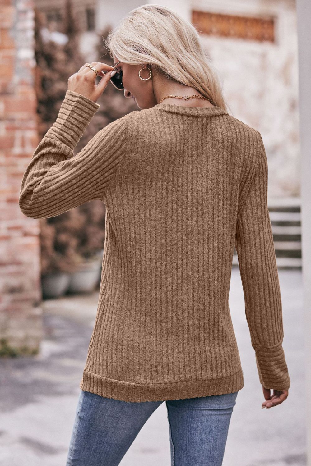 Double Take V-Neck Long Sleeve Ribbed Top